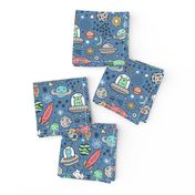 Space Galaxy Universe Doodle with Aliens, Rockets, Planets, Robots & Stars on Dark Blue Navy