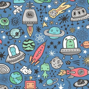 Space Galaxy Universe Doodle with Aliens, Rockets, Planets, Robots & Stars on Dark Blue Navy