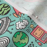 Space Galaxy Universe Doodle with Aliens, Rockets, Planets, Robots & Stars on Mint Green