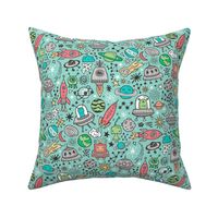 Space Galaxy Universe Doodle with Aliens, Rockets, Planets, Robots & Stars on Mint Green