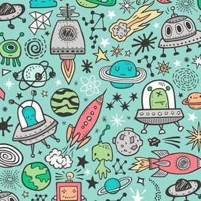 Space Galaxy Universe Doodle with Aliens, Rockets, Planets, Robots & Stars on Mint Green