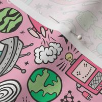 Space Galaxy Universe Doodle with Aliens, Rockets, Planets, Robots & Stars on Pink