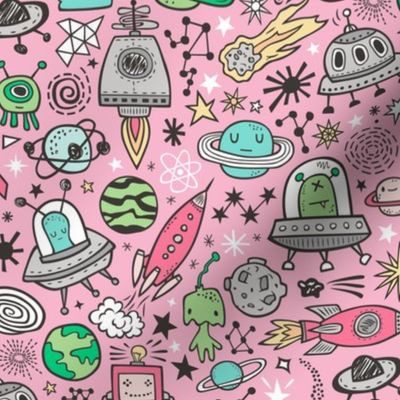 Space Galaxy Universe Doodle with Aliens, Rockets, Planets, Robots & Stars on Pink