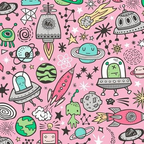 Space Galaxy Universe Doodle with Aliens, Rockets, Planets, Robots & Stars on Pink