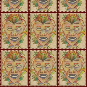 VINTAGE SERIOUS TIKI POSTAGE STAMP ON BEIGE BURGUNDY