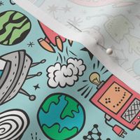 Space Galaxy Universe Doodle with Aliens, Rockets, Planets, Robots & Stars on Blue