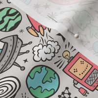 Space Galaxy Universe Doodle with Aliens, Rockets, Planets, Robots & Stars on  Grey