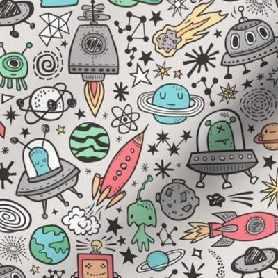 Space Galaxy Universe Doodle with Aliens, Rockets, Planets, Robots & Stars on  Grey