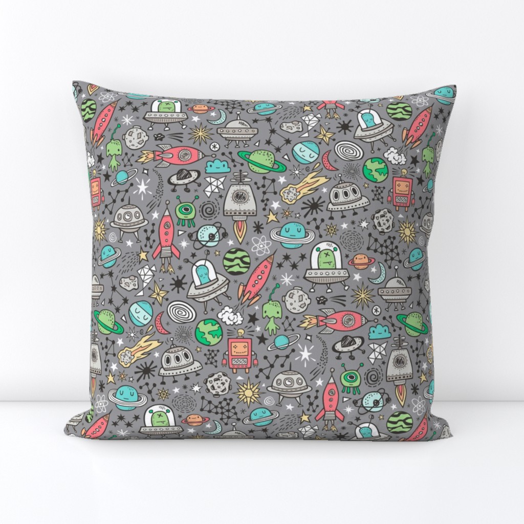 Space Galaxy Universe Doodle with Aliens, Rockets, Planets, Robots & Stars on  Dark Grey