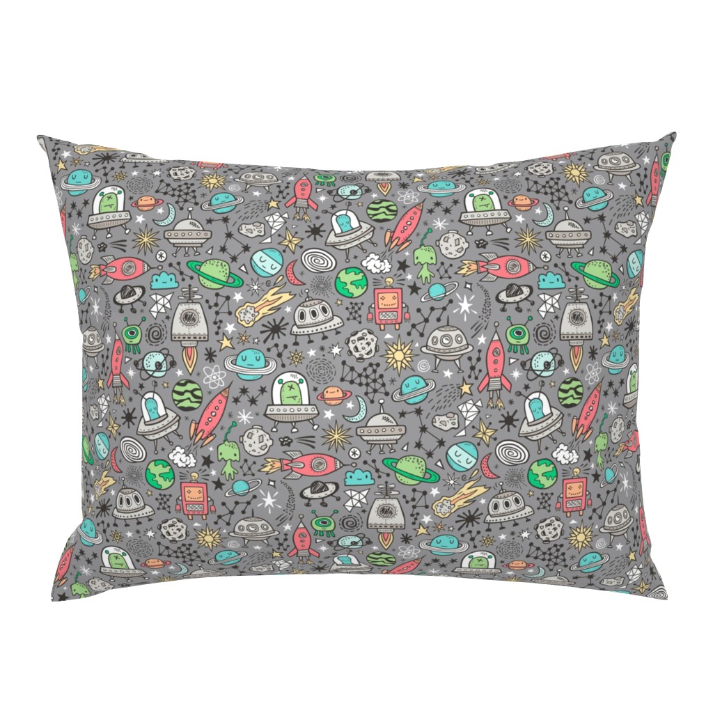 Space Galaxy Universe Doodle with Aliens, Rockets, Planets, Robots & Stars on  Dark Grey