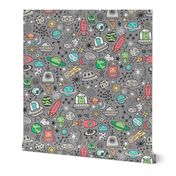 Space Galaxy Universe Doodle with Aliens, Rockets, Planets, Robots & Stars on  Dark Grey