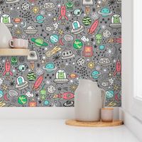 Space Galaxy Universe Doodle with Aliens, Rockets, Planets, Robots & Stars on  Dark Grey