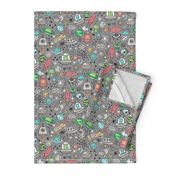 Space Galaxy Universe Doodle with Aliens, Rockets, Planets, Robots & Stars on  Dark Grey