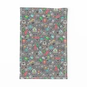 Space Galaxy Universe Doodle with Aliens, Rockets, Planets, Robots & Stars on  Dark Grey