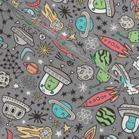 Space Galaxy Universe Doodle with Aliens, Rockets, Planets, Robots & Stars on  Dark Grey