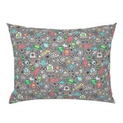 Space Galaxy Universe Doodle with Aliens, Rockets, Planets, Robots & Stars on  Dark Grey