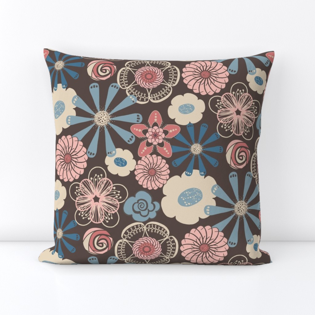 Large Floral in Peach, Blue, Brown 