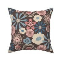 Large Floral in Peach, Blue, Brown 