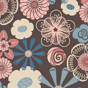 Large Floral in Peach, Blue, Brown 