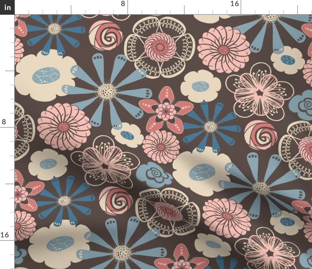 Large Floral in Peach, Blue, Brown 