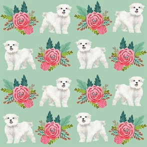 maltese floral fabric dogs and flowers design - mint