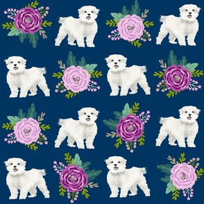 maltese floral fabric dogs and flowers design - navy