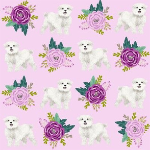 maltese floral fabric dogs and flowers design - light purple
