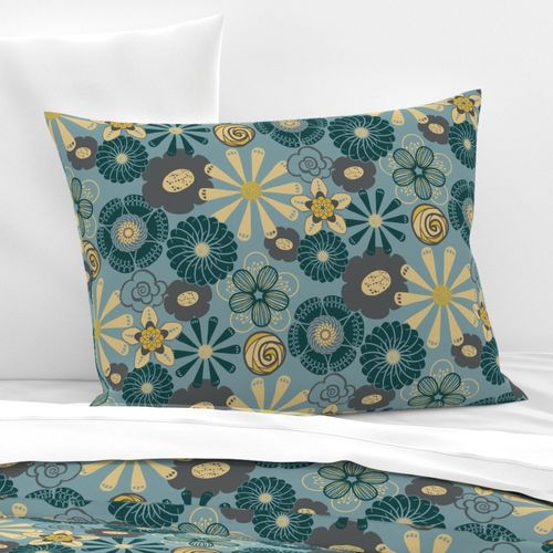 Large Flower Print in Teal Blue, Gray, Yellow