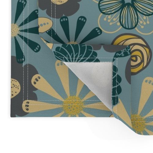 Large Flower Print in Teal Blue, Gray, Yellow