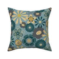 Large Flower Print in Teal Blue, Gray, Yellow