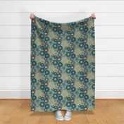 Large Flower Print in Teal Blue, Gray, Yellow