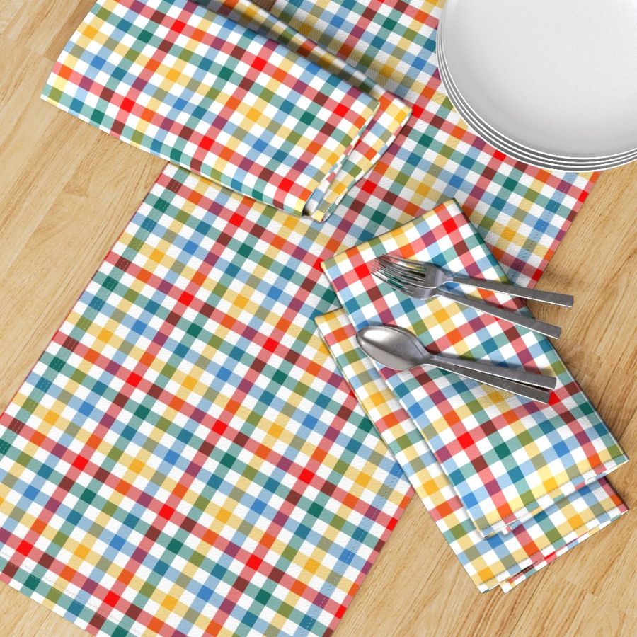 circus gingham - 1/2" squares - red, teal, blue, yellow on white