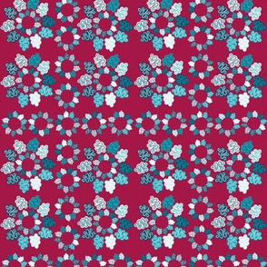 Snowflake Quilt Blocks, Cranberry and Blue Flowers 