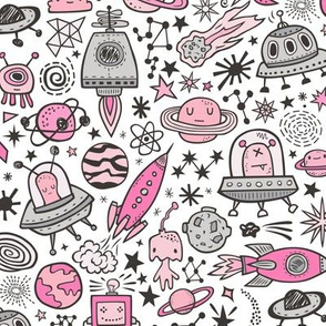 Space Galaxy Universe Doodle with Aliens, Rockets, Planets, Robots & Stars Pink On White