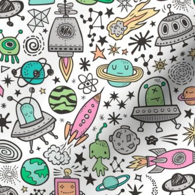 Space Galaxy Universe Doodle with Aliens, Pink Rockets, Mint Planets, Robots & Stars on White