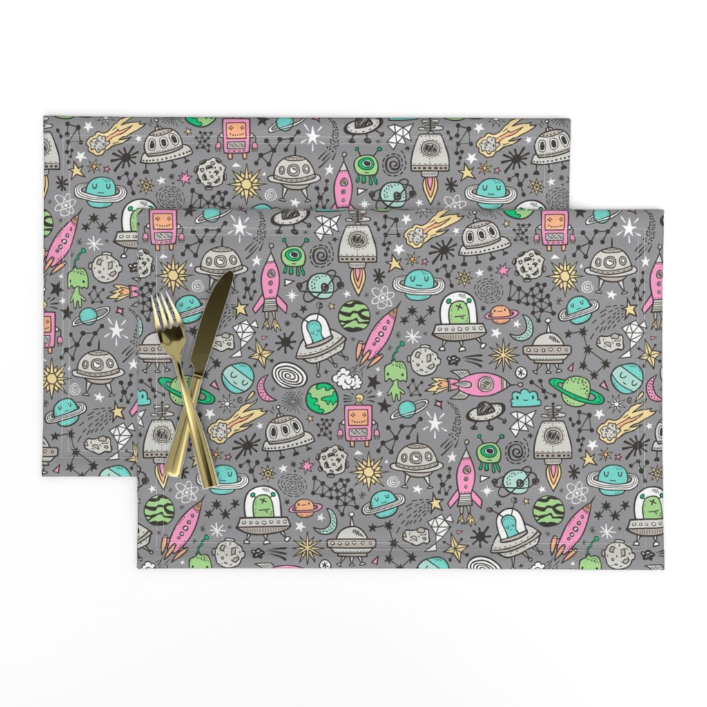 Space Galaxy Universe Doodle with Aliens, Pink Rockets, Mint Planets, Robots & Stars on Dark Grey