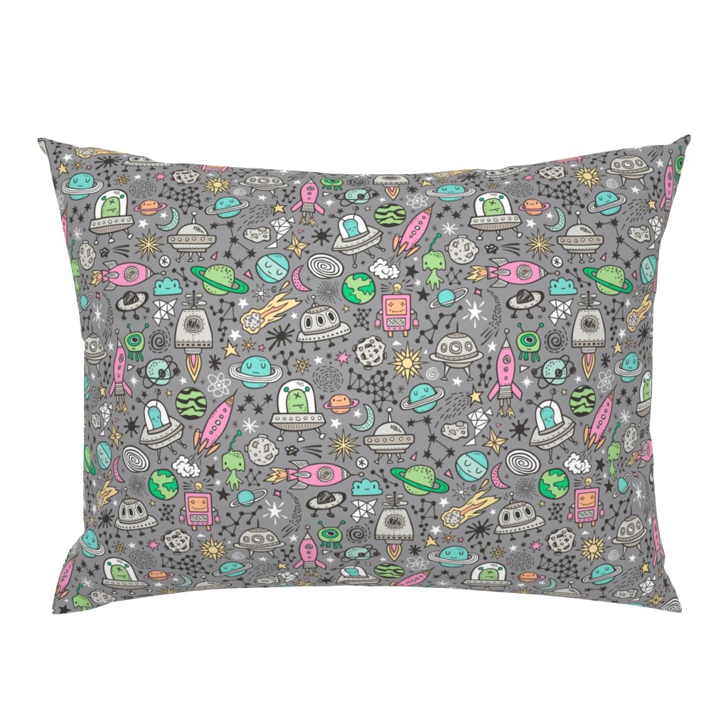 Space Galaxy Universe Doodle with Aliens, Pink Rockets, Mint Planets, Robots & Stars on Dark Grey