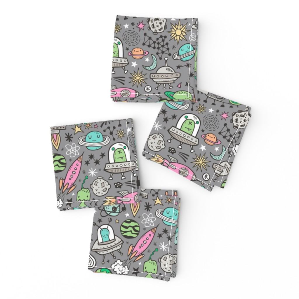 Space Galaxy Universe Doodle with Aliens, Pink Rockets, Mint Planets, Robots & Stars on Dark Grey