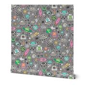 Space Galaxy Universe Doodle with Aliens, Pink Rockets, Mint Planets, Robots & Stars on Dark Grey