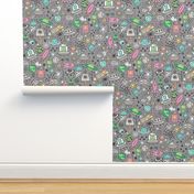 Space Galaxy Universe Doodle with Aliens, Pink Rockets, Mint Planets, Robots & Stars on Dark Grey