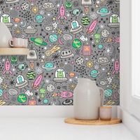 Space Galaxy Universe Doodle with Aliens, Pink Rockets, Mint Planets, Robots & Stars on Dark Grey