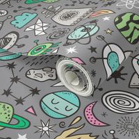 Space Galaxy Universe Doodle with Aliens, Pink Rockets, Mint Planets, Robots & Stars on Dark Grey