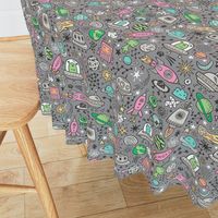 Space Galaxy Universe Doodle with Aliens, Pink Rockets, Mint Planets, Robots & Stars on Dark Grey