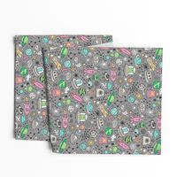 Space Galaxy Universe Doodle with Aliens, Pink Rockets, Mint Planets, Robots & Stars on Dark Grey