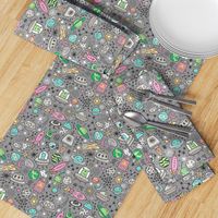 Space Galaxy Universe Doodle with Aliens, Pink Rockets, Mint Planets, Robots & Stars on Dark Grey