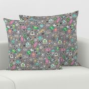 Space Galaxy Universe Doodle with Aliens, Pink Rockets, Mint Planets, Robots & Stars on Dark Grey