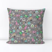 Space Galaxy Universe Doodle with Aliens, Pink Rockets, Mint Planets, Robots & Stars on Dark Grey