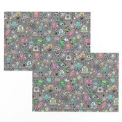 Space Galaxy Universe Doodle with Aliens, Pink Rockets, Mint Planets, Robots & Stars on Dark Grey