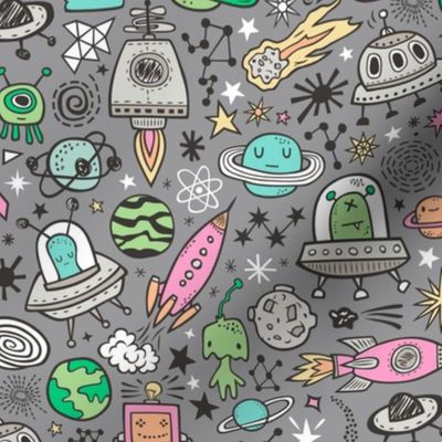 Space Galaxy Universe Doodle with Aliens, Pink Rockets, Mint Planets, Robots & Stars on Dark Grey