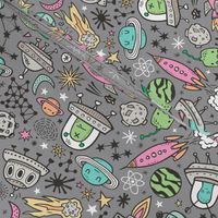 Space Galaxy Universe Doodle with Aliens, Pink Rockets, Mint Planets, Robots & Stars on Dark Grey